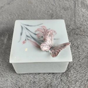 Vintage Porcelain Trinket Box Square With 3D Butterfly On Lillies White & Pink